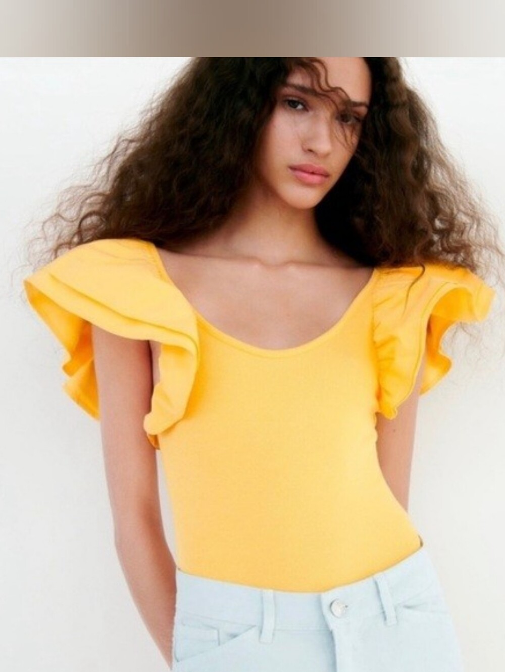 Zara Yellow Ribbed Off Shoulder Ruffle Sleeve Bodysuit Aesthetic Summer Top M